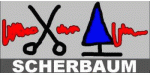 Schwarz-rote Scheren und blauer Baum mit Schriftzug "SCHERBAUM" auf grauem Hintergrund.