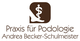 Logo der Praxis für Podologie mit Fuß- und Äskulapstab-Symbol, Name: Andrea Becker-Schulmeister.