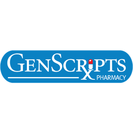 Logo of GenScripts Pharmacy with a blue background and stylized text.