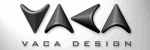 Logo mit Schriftzug "VACA DESIGN" in Schwarz auf grauem Hintergrund.
