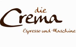 Logo: In brauner Schrift steht "die Crema Espresso und Maschine" auf weißem Hintergrund.