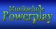 Text: "Musikschule Powerplay" in grüner Schrift auf blauem Hintergrund.