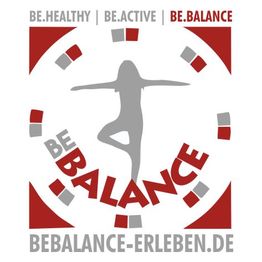 Silhouette einer Frau im Baum-Yoga-Positur, umgeben von bunten Rechtecken und Schrift "BE BALANCE".