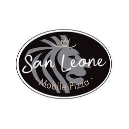 Schwarzes ovales Logo mit Löwenkopf, Krone und dem Schriftzug „San Leone Mobile Pizza“.
