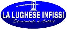 Logo blu ovale con testo "LA LUGHESE INFISSI, Serramenti d'Autore".