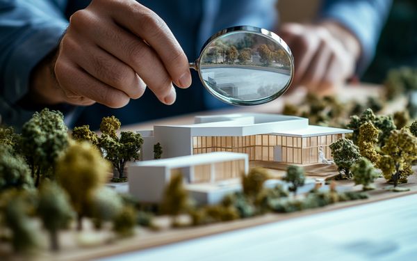 Männliche Hand hält eine Lupe über ein Immobilien Komplex um es zu begutachten.