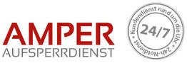 Logo von Amper Aufsperrdienst mit "24/7" und "Kundendienst rund um die Uhr" im Kreis daneben.