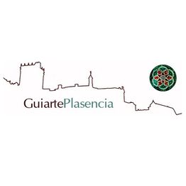 Silueta de Plasencia con texto "Guiarte Plasencia" y un símbolo circular decorativo a la derecha.