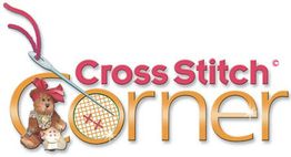Logo: Cross Stitch Corner, mit Bär, Hase, Nadel und Stickmuster.