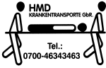 Zwei Figuren tragen eine Trage mit einer Person. Text: "HMD Krankentransporte GmbH, Tel.: 0700-46343463".