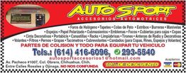 Anuncio de Auto Sport, accesorios automotrices, con lista de productos, dirección y teléfonos.