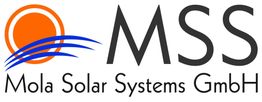 Logo von Mola Solar Systems GmbH mit oranger Sonne und blauen Wellenlinien neben dem Text.