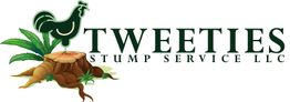 Rooster on a stump logo for Tweeties Stump Service LLC with green plants.