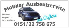 Ein blauer SUV und Kontaktdetails eines mobilen Ausbeulservices in Gifhorn.