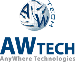 Logo di AW Tech con un globo e frecce blu, testo: "AnyWhere Technologies".