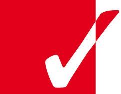 Rotes Häkchen auf weißem Hintergrund, halb von rotem Abschnitt verdeckt.