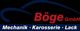 Logo mit Schriftzug "Böge GmbH", darunter "Mechanik · Karosserie · Lack", Silhouette eines Autos.