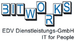 "Logo mit Schriftzug 'BITWORKS' und Text darunter: 'EDV Dienstleistungs-GmbH IT for People'."