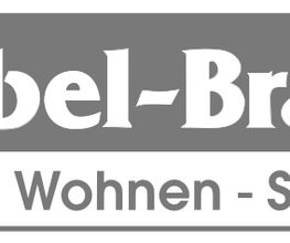 Graues Logo mit Text: "Möbel-Brand. Küche - Wohnen - Schlafen".