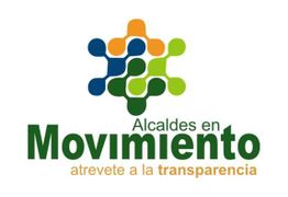 Logo con texto "Alcaldes en Movimiento, atrévete a la transparencia" y gráfico de figuras conectadas.