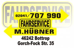 Gelbes Logo mit "FAHRSERVICE M. HÜBNER", Telefonnummer und Adresse in Bottrop, Gorch-Fock Str. 35.
