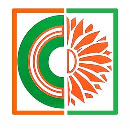 Logo con mezze forme, cerchio verde a sinistra e sole arancione a destra, in cornice arancione e verde.