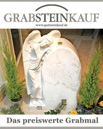 Engel aus Marmor lehnt an Grabstein neben Pflanzen; Text: "Grabsteinkauf: Das preiswerte Grabmal".