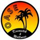Logo mit Palmen, "OASE" oben, "Kosmetik & Wellness" unten, Sonnenuntergangshintergrund.