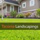 Trimmed lawn and bushes in front of a home with "Tacoma Landscapings" text overlay.