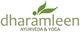 Logo von "dharamleen" mit dem Text "AYURVEDA & YOGA" und grünem Blatt-Design.