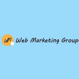 Logo of Web Marketing Group: orange and white circle next to the text on a blue background.