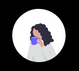 Dibujo de persona con cabello rizado bebiendo de una taza azul dentro de un círculo blanco.