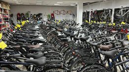 Fahrradladen mit vielen Fahrrädern in Reihen. Helle Beleuchtung, Zubehör an den Wänden.