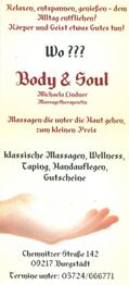 Werbung für Massagestudio "Body & Soul". Angebote: Klassische Massagen, Wellness, Taping.