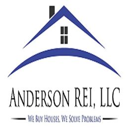Logo of Anderson REI, LLC with a house roof design and slogan, "We Buy Houses, We Solve Problems."