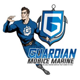Superhero in blue suit next to "Guardian Mobile Marine" logo with shield and anchor design.