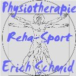 Vitruvianischer Mensch mit Schriftzug: "Physiotherapie, Reha-Sport, Erich Schand" in Blau.