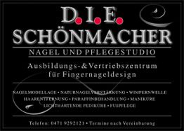 Schwarzes Schild mit Text: "D.I.E. Schönmacher, Nagel- und Pflegestudio, Telefon: 0471 9292121".