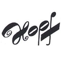 Künstlerisch gestalteter Schriftzug "Hopf" in Schwarz, dekorativ geschwungene Typografie.