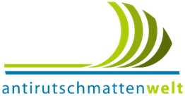 Logo der Firma "antirutschmattenwelt" mit geschwungenen grünen Linien und blauem Text.