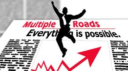 Zeitung mit steigendem Diagramm, Silhouette eines springenden Mannes, Text "Everything is possible".