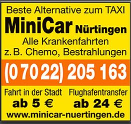Werbeanzeige für MiniCar Nürtingen, Krankentransporte und Flughafentransfers ab 5 €.