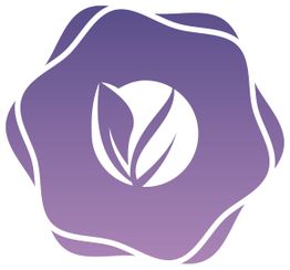 Icône de fleur violette stylisée avec une feuille blanche en son centre.