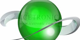 Esfera verde con un lazo gris envolvente y texto "ICETRONIC" superpuesto.