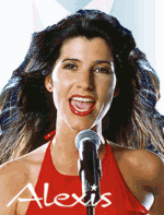 Eine Frau singt in ein Mikrofon, trägt ein rotes Top. Text "Alexis" unten links.