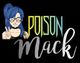 Ilustración de personaje con cabello azul y gafas haciendo la señal de paz, texto: "Poison Mack".