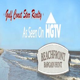 Beach scene with "Gulf Coast Star Realty" and "As Seen On HGTV Beachfront Bargain Hunt" text.