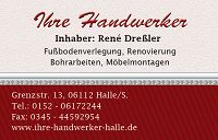 Visitenkarte mit Kontaktdaten und Dienstleistungen eines Handwerksbetriebs in Halle/Saale.