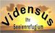 Schriftzug "Vidensus Ihr Seelenrefugium" vor einem Sonnenuntergang mit Wolken im Hintergrund.