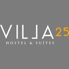 Logo cinza de "Villa 25 Hostel & Suítes" em branco e laranja.